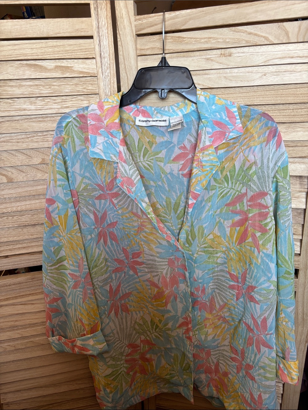 Cathy Daniels Pastel Floral Leaf Button-Front Shirt 1X